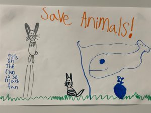 a drawing of a whale, a rabbit, and a cat with the words save the animals