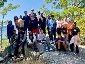 Students on a rock
